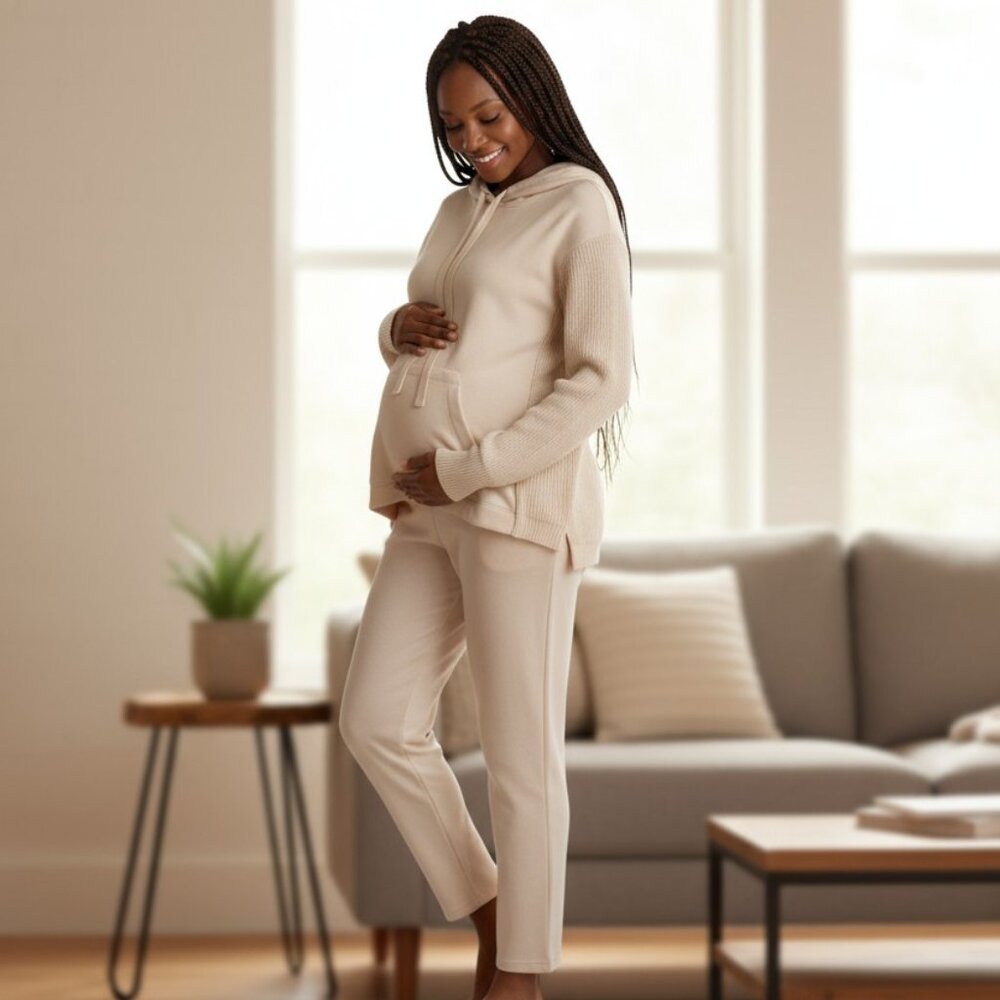 Splendid Mix Media sweater SET (hoodie and cropped pant), M, ivory color UNWORN